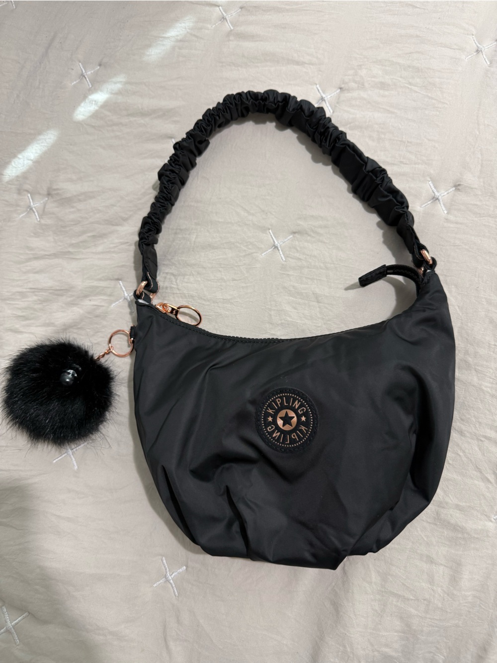 Kipling Black Nylon Shoulder Hobo with Pom Charm